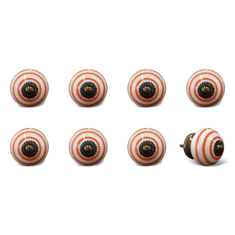HomeRoots Set of Eight Orange And White Ceramic And Metal Drawer Pull Knobs - 1.5' X '1.5' X '1.5