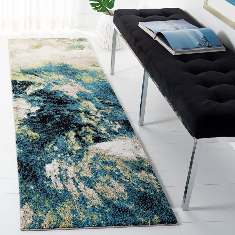 SAFAVIEH Glacier Benoîte Modern Abstract Rug - 2'3" x 12' Runner - Navy/Green