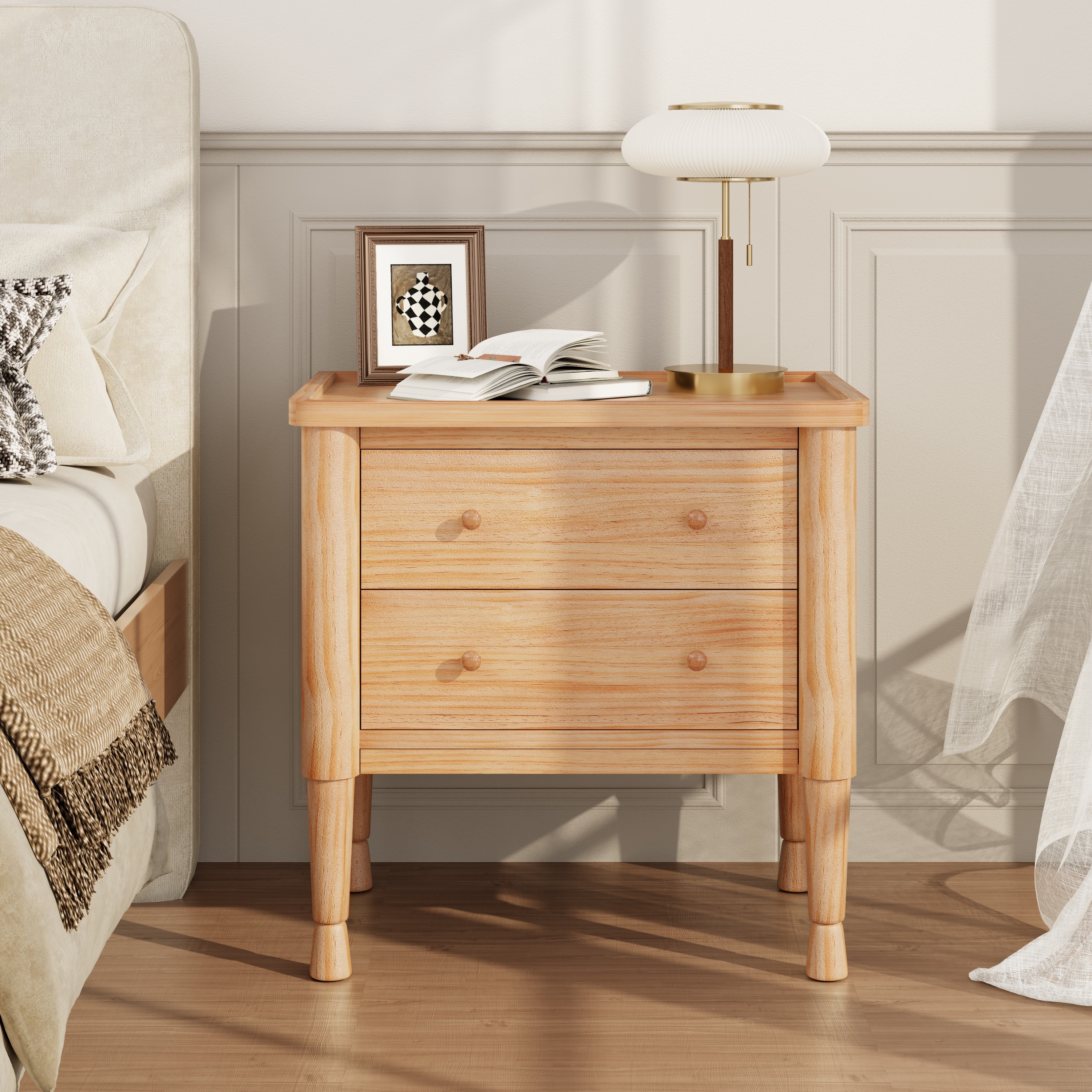 Christopher Knight Home - Modern Minimalist 23.62" Nightstand with Roller Glide Drawers & Tray Top, Versatile Home Use