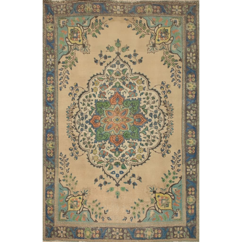 Hand Knotted Oriental 100% Wool Carpet Traditional Floral Beige & Ivories Tabriz Area Rug - 6' 5'' X 4' 8''
