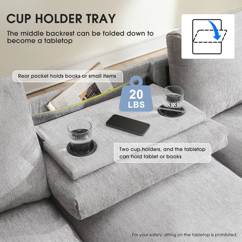 Chenille Cloud Sofa with Cup Holders, USB Port & Bluetooth Speaker, Convertible Loveseat with Drop Down Table & Storage Armrest