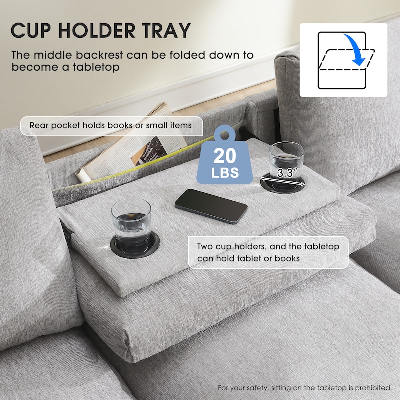 Roomfitters 96'' x 35'' Chenille Sectional Sofa with Bluetooth Speaker, Comfy Cloud Couch Set with Drop-Down Table, USB Charger
