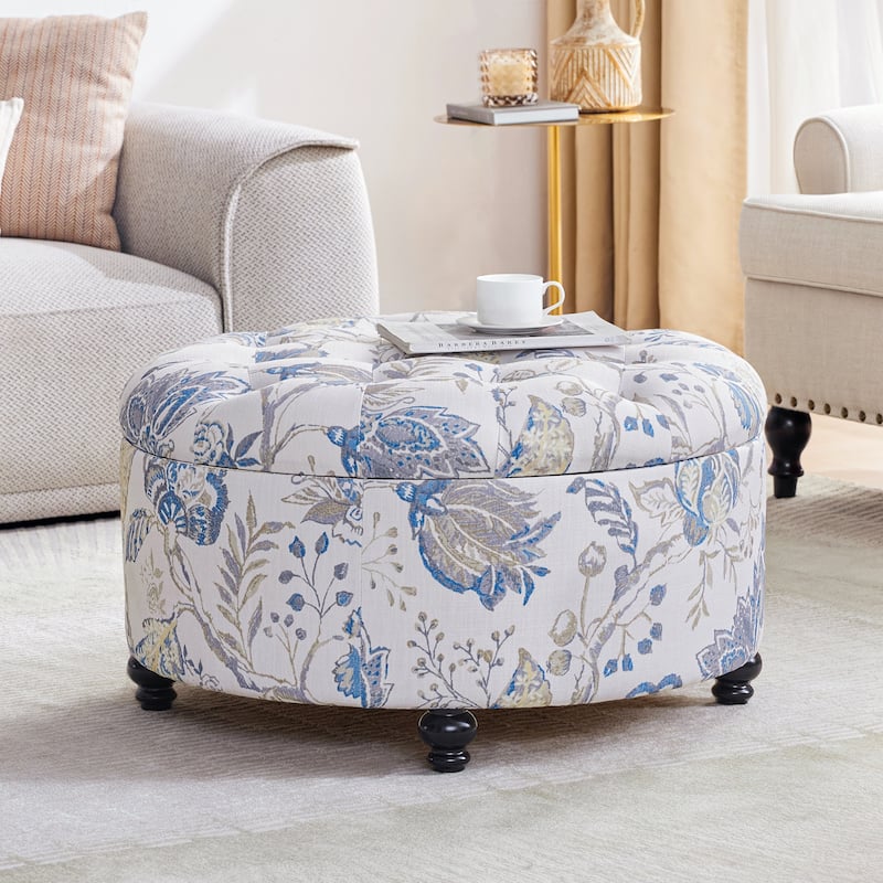 Tufted Large Round Storage Ottoman Footrest Beige/ Grey/ Blue - Blue