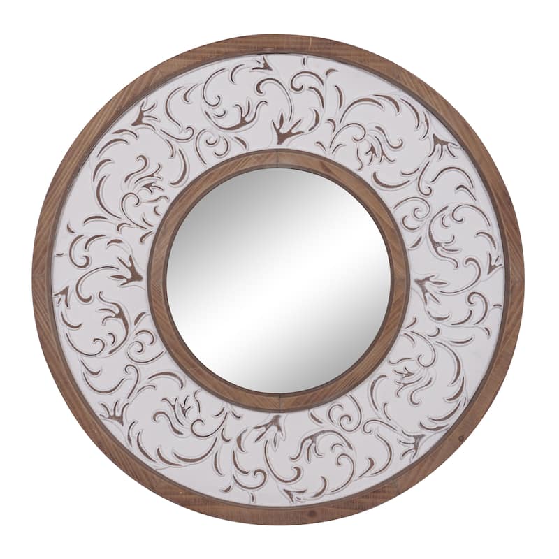 Wooden Floral Wall Mirror with Embossed Metal - White - Roche River Decor - White