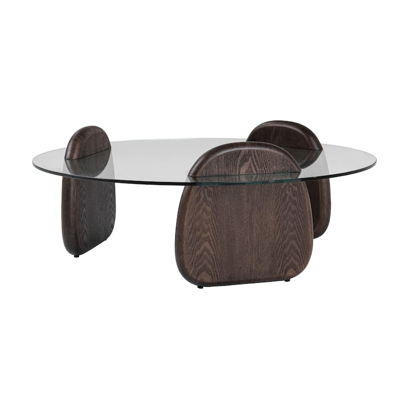 Cid 43 Inch Round Coffee Table, Dark Walnut Brown Wood, Glass Top