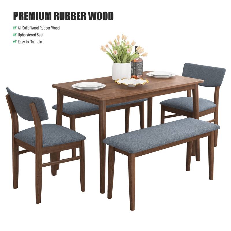 Modern Dining Table Set with 2 Benches and 2 Chairs Fabric Cushion for