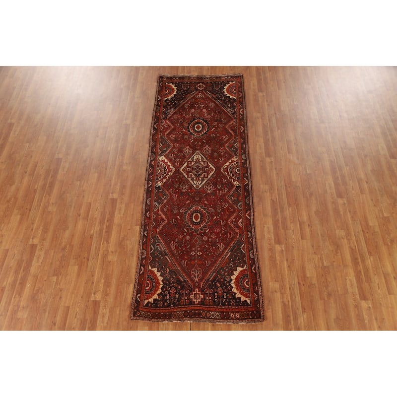 Tribal Red Qashqai Persian Vintage Runner Rug Hand-knotted Wool Carpet - 3'7"x 9'9"