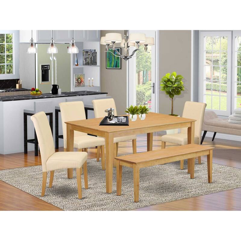 HomeStock 6-Piece Rectangle Natural Oak Finish Solid Wood Top Dining Table with 1 Bench, 4 Chairs with Lattice Back