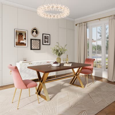 Clihome Walnut Wood Dining Table with Stainless Steel Base(only table)