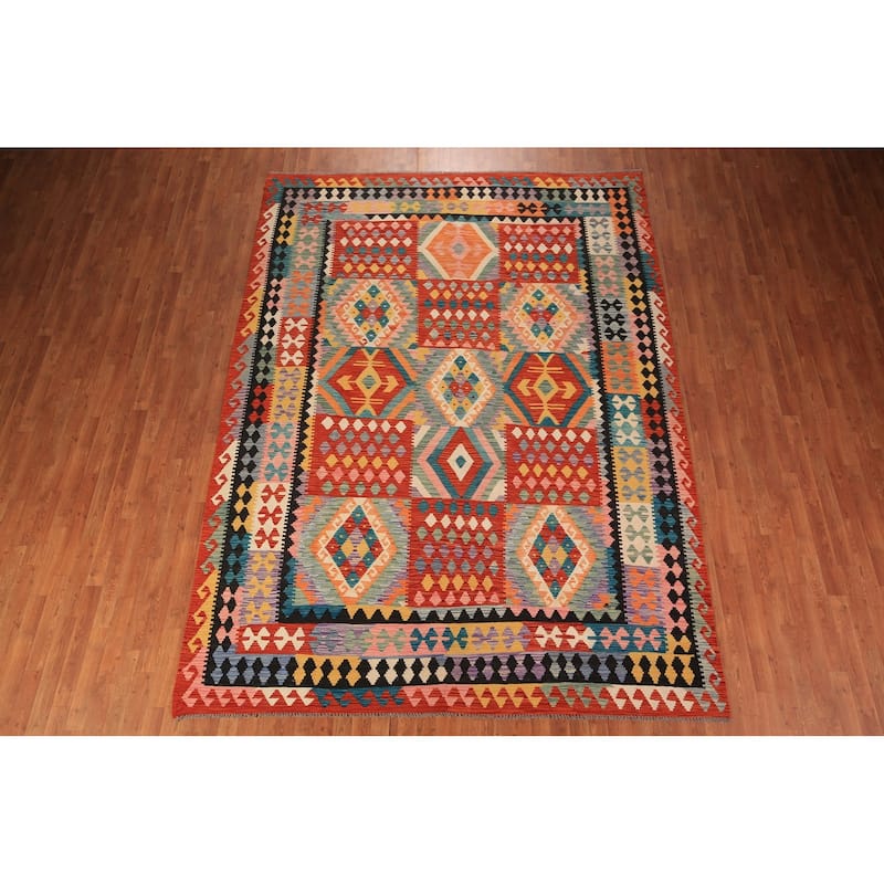 Geometric Kilim Oriental Area Rug Bedroom Flatweave Wool Carpet - 8'3" x 11'5"