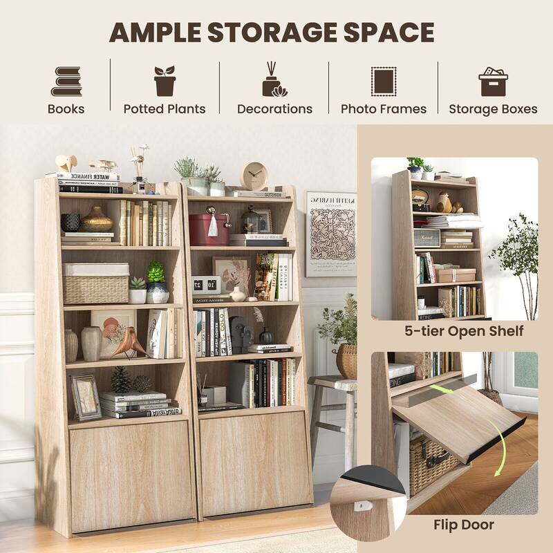 Gymax 6-tier Bookcase w/ 2 Adjustable Shelves Filp-up Door 5 Open