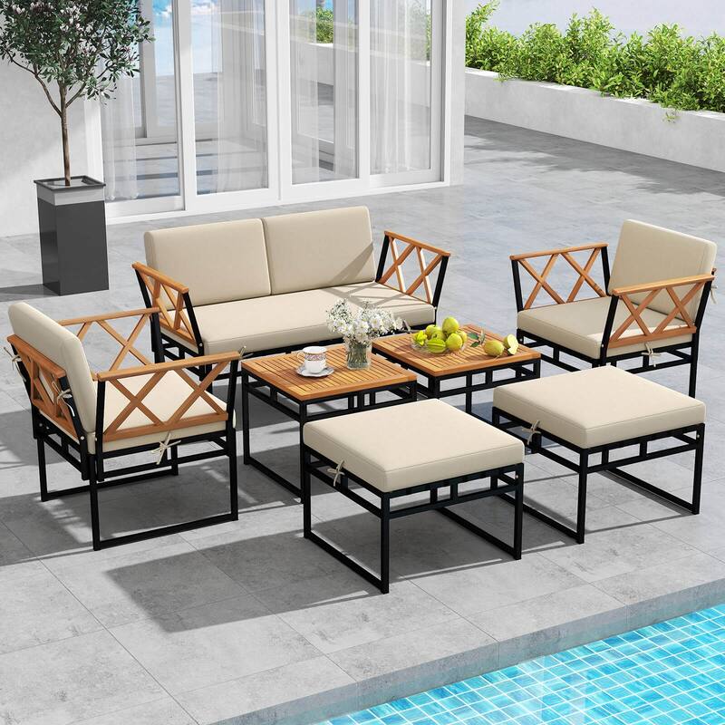 Costway 7 PCS Outdoor Conversation Set Acacia Wood Chairs & Coffee - See Details