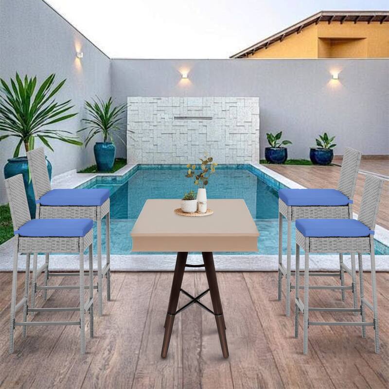Rattan Bar Stools Set of 2, Armless Wicker Bar Stools with Cushions, All-Weather Outdoor Bar Height Stools for Patio, Poolside