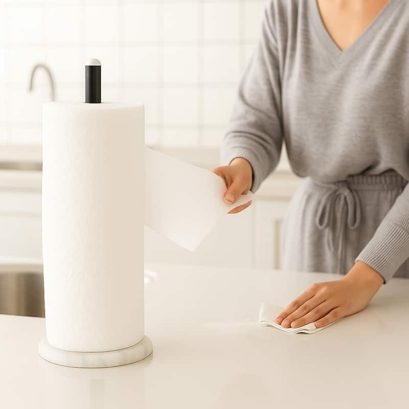 Creative Home White Marble Upright Paper Towel Holder with Black Metal Pole