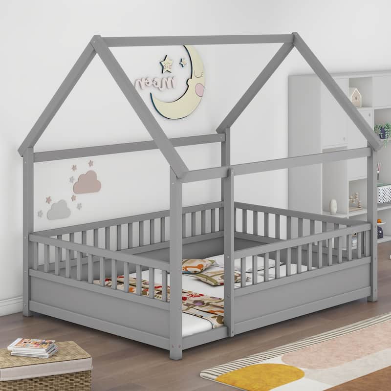 Pine Wood Floor Bed with House Roof Frame, Fence Guardrails for Kids, Boys and Girls