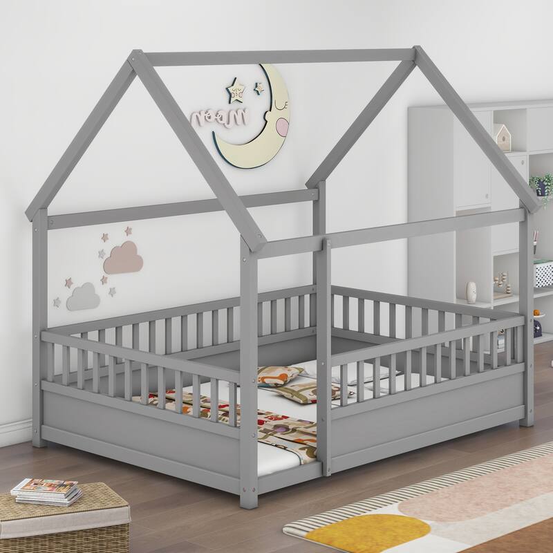 Twin/Full Size Floor Bed Wooden House-shaped Bed Frame with Fence Guardrails & Roof, Twin/Full Size Bed for Kids Boys Girls