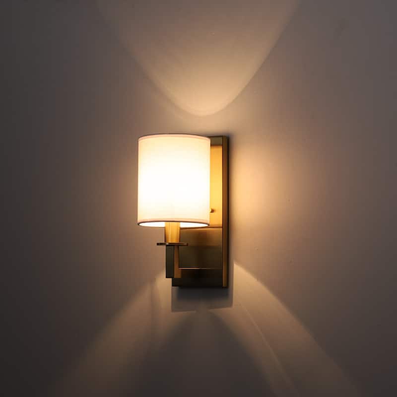 1-Light 5.5" W Modern Gold Cylinder Metal Flush Mount Wall Sconce with White Fabric Shade - 5.5 in. W x 12 in. H x 7.3 in. D