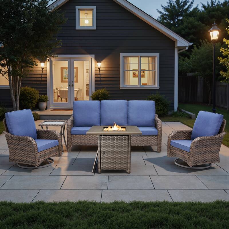 Pocassy Patio Funiture Sofa Swivel Chair Ottoman with Fire Table Set - Blue Cushion - Brown Wicker - 5-Piece Sofa Swivel Chair with Fire Table