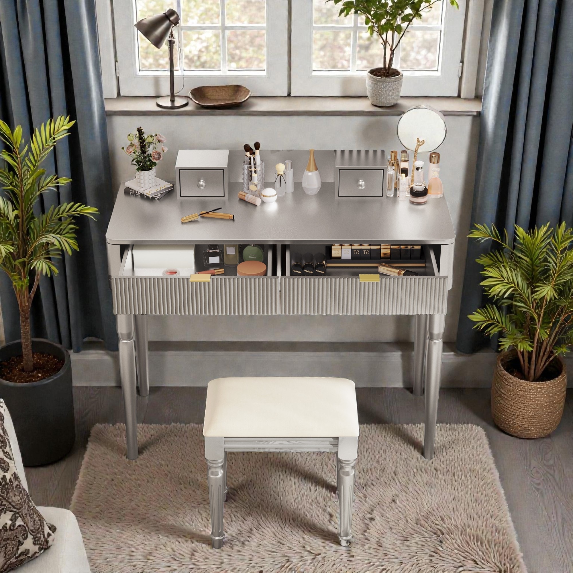 Vanity Desk with Height Adjustable Round Mirror, Dressing Table Set with 4 Drawers and Cushioned Stool