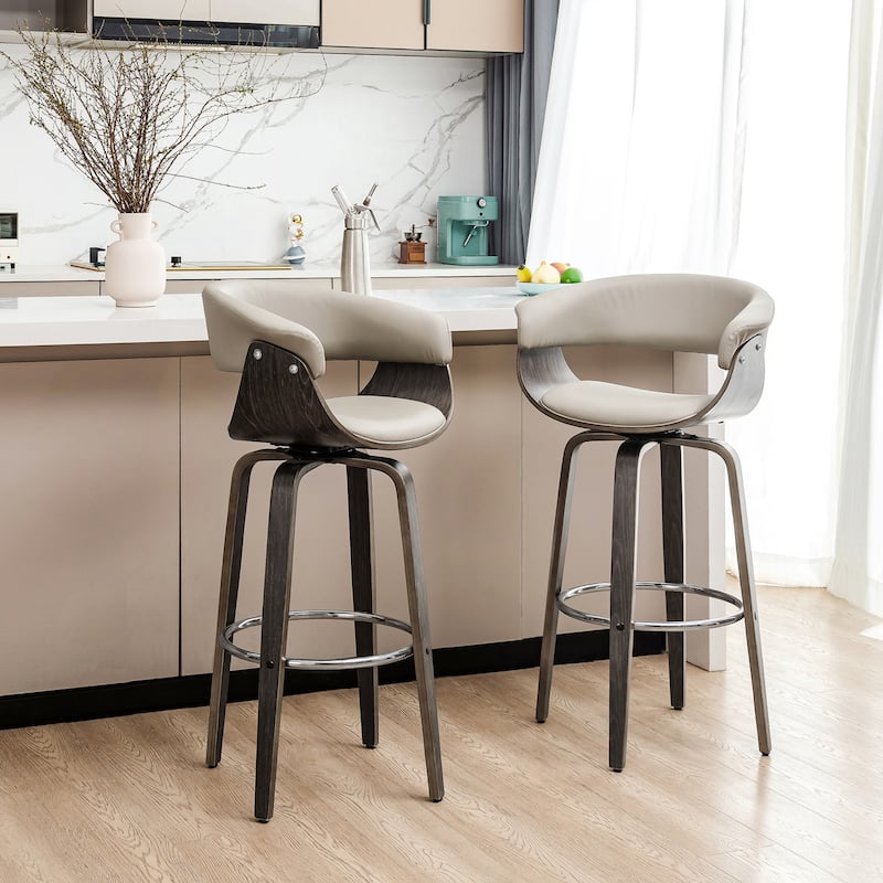 Glitzhome Set of 2 or 4 Modern Counter & Bar Height Wooden Swivel Bar Stools - Set of 2 - Grey PU - Bar Height
