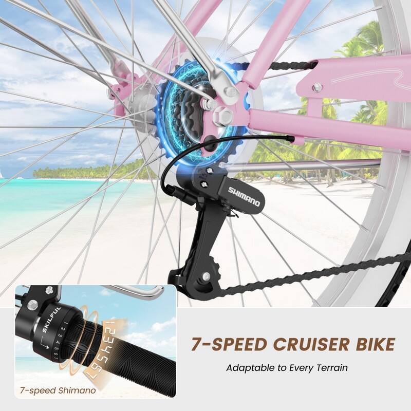 Beach Cruiser Bike for Women and Men, 24/26 Inch 7-Speed Adult Bicycle