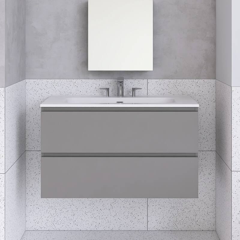 Floating Integrated Bathroom Vanity with Ceramic Sink, Three Faucet Holes - 35.82'' x 18.3'' x 21.1'' - Grey