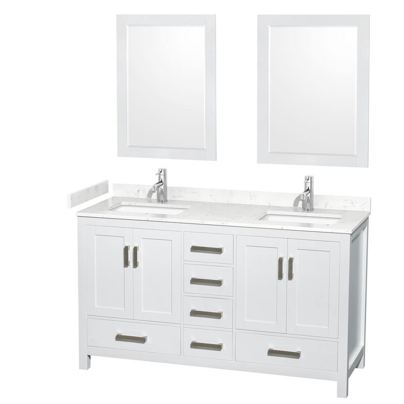 Sheffield Double Bathroom Vanity Set, Cultured Top, 24-Inch Mirrors - 60-Inch Double - White, Carrara Cultured Marble Counter
