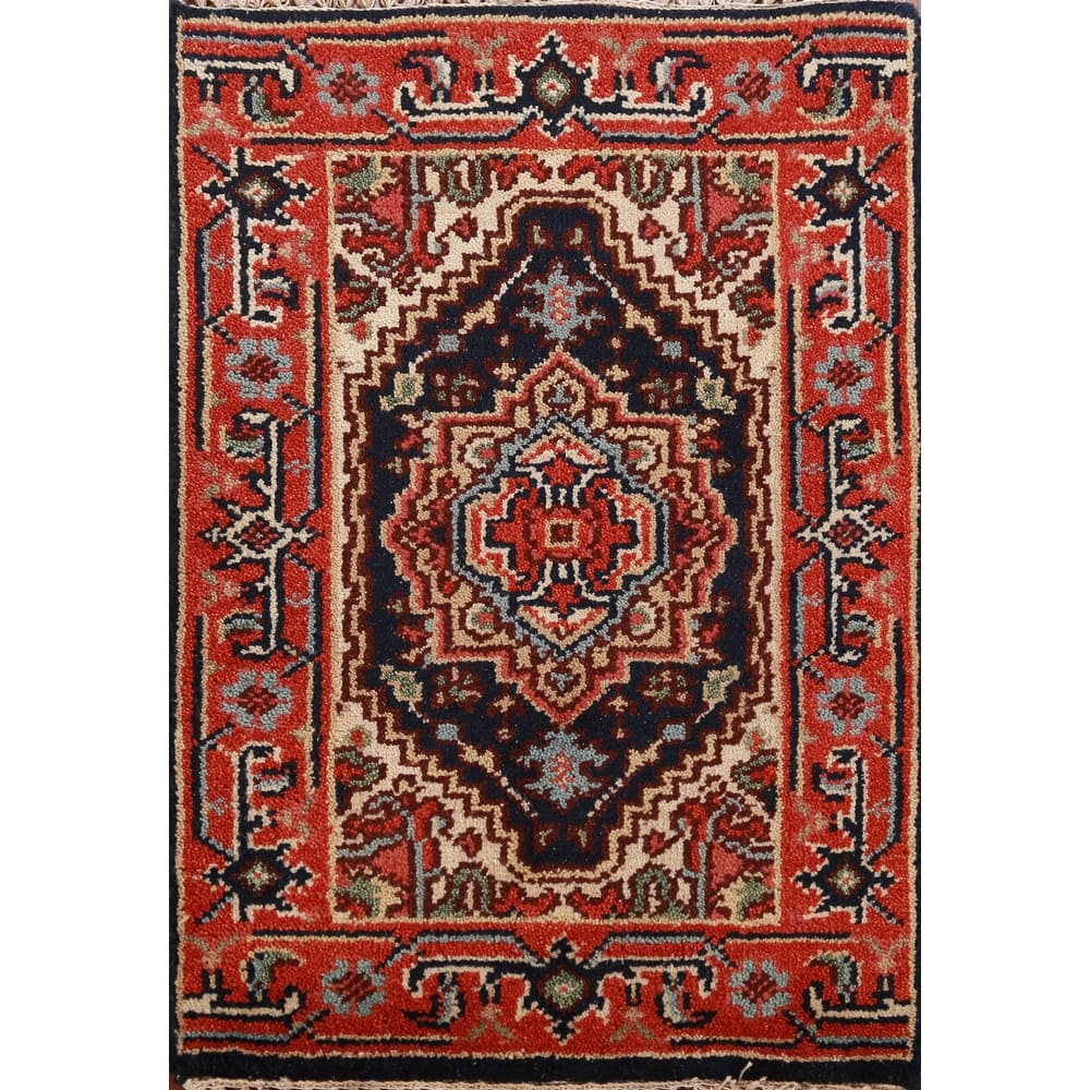 Hand Knotted Oriental 100% Wool Carpet Traditional Medallion Navy Blue & Blues Heriz (serapi) Area Rug - 3' 0'' X 2' 0''