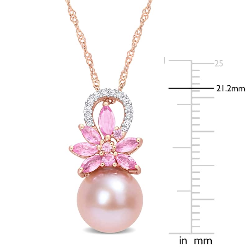 Miadora 9.5-10mm Cultured Freshwater Pearl and 1/2 ct TGW Pink Sapphire and Diamond Accent Flower 14k Rose Gold