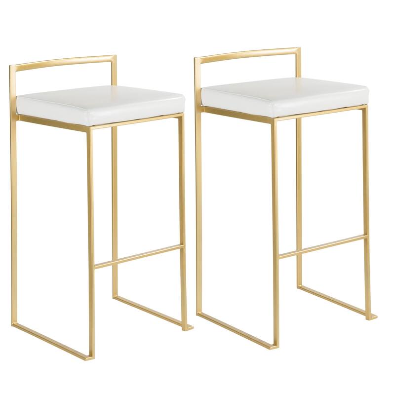 Set of 2 Contemporary Barstools in Brushed Gold and White Faux Leather