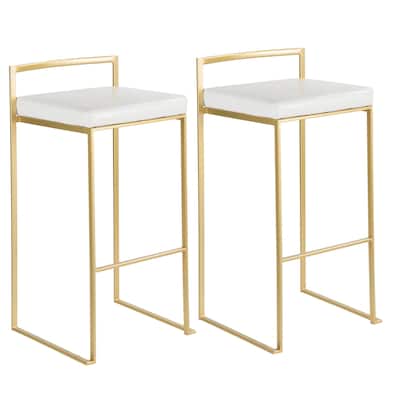 Set of 2 Contemporary Barstools in Brushed Gold and White Faux Leather