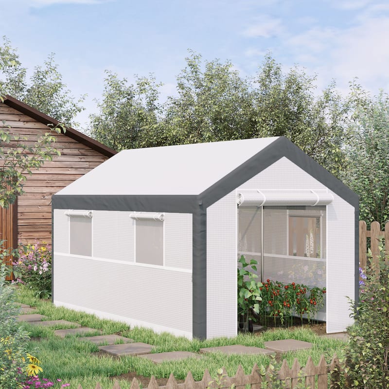 Outsunny Outdoor Walk-In Tunnel Greenhouse Garden Warm Hot House with Roll Up Windows, Zippered Door, & Weather Cover - 12' x 7.1' x 7.1'