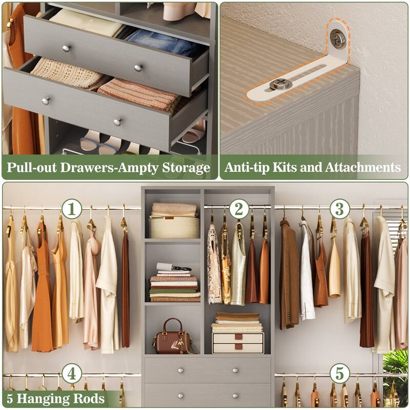 Closet Organizer with 5 Hanging Rods and 2 Drawers, Adjustable Closet System with Shelves and Shoe Rack