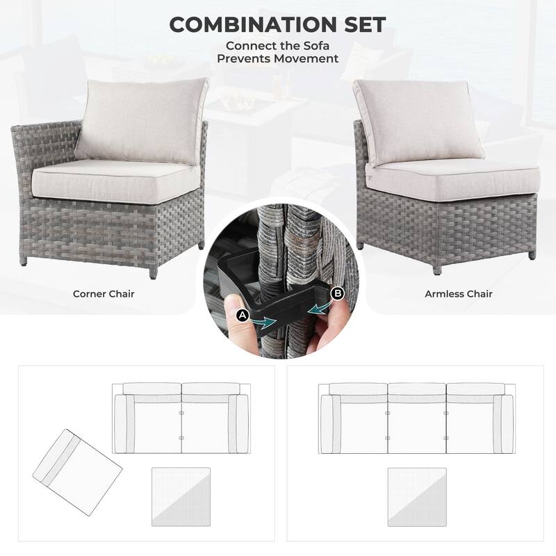 HOOOWOOO 10-piece Wicker Rattan Patio Furniture Sectional Set with Fire Pit
