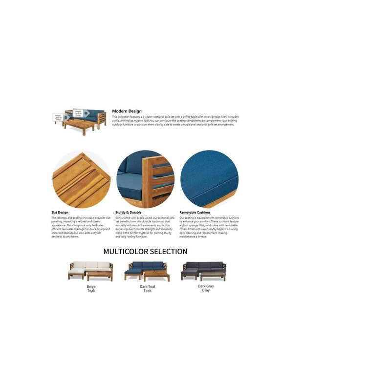 Roomfitters Outdoor L-Shaped Sofa Set, Wooden Patio Sectional with Cushions and Coffee Table for Garden or Deck, Beige