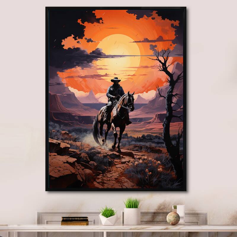 Designart "Western Cowboy Rugged" Western Framed Wall Art Prints - Black - 30 in. wide x 40 in. high