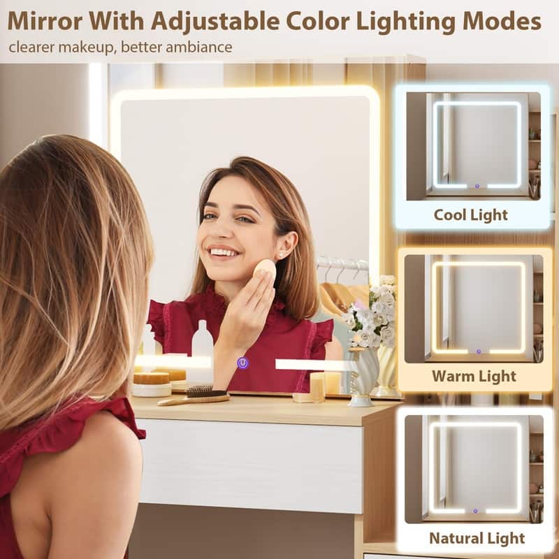 Vanity Desk with Sliding Mirror, LED Lights, Storage Drawers, Charging Station, Stool