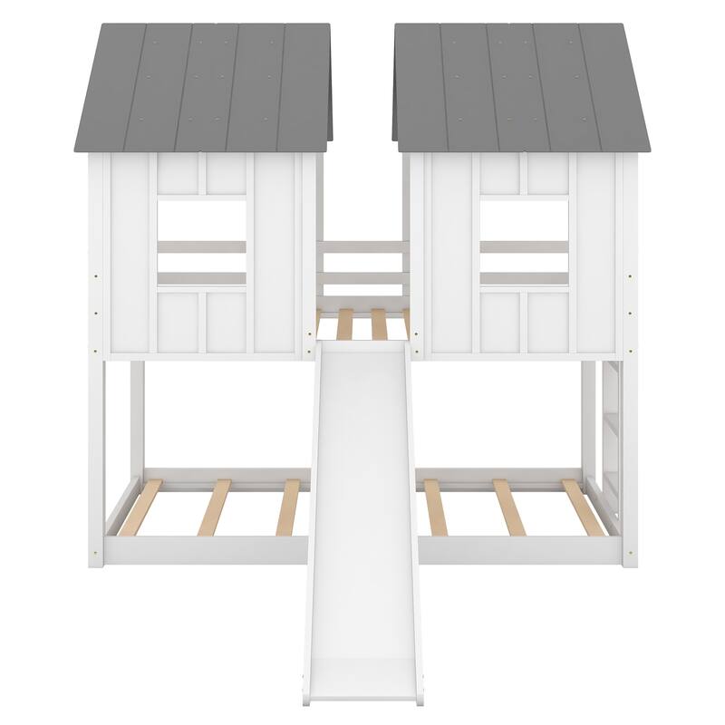 Roomfitters Twin over Twin House Bunk Bed with Slide and Window Design, White