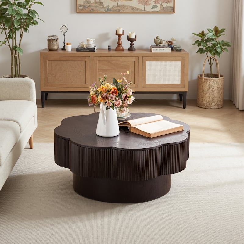 31.50" Modern Flower Shaped Coffee Table, Plum Blossom Shaped Coffee Table with Storage - Natural Wood Veneer