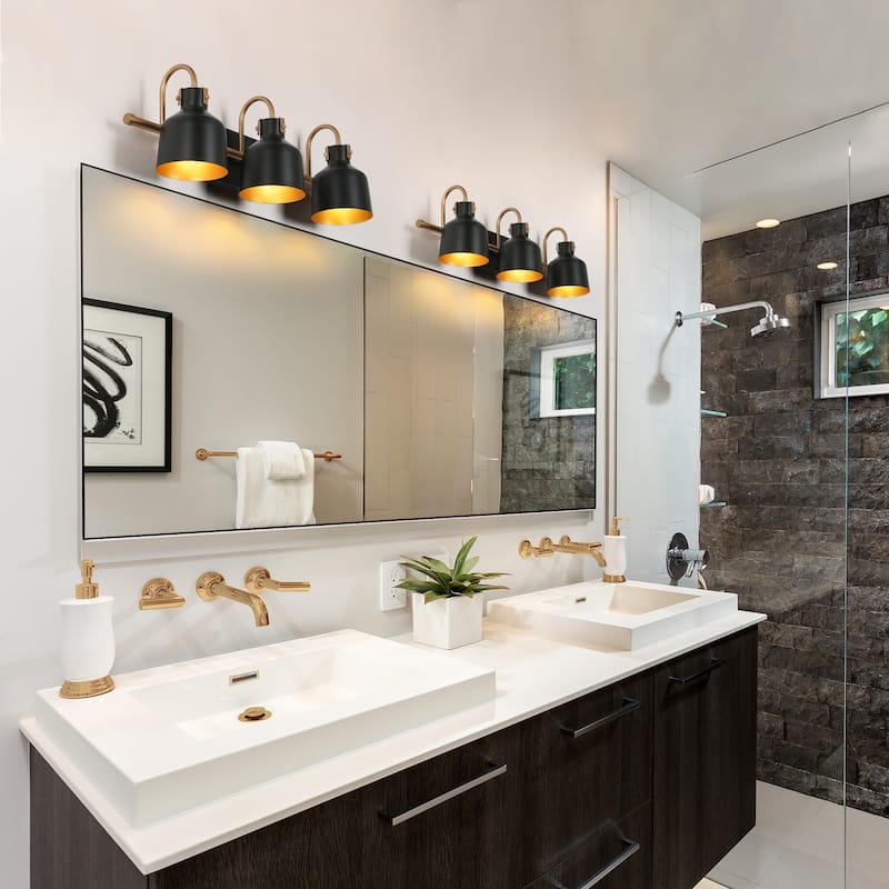 Tarake Modern Farmhouse Brass Black Bathroom Vanity Lights Metal Bell 3-Light Wall Sconces - L 22.4" x D 6.9" x H 7.7"