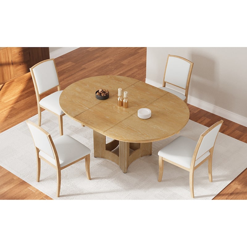 Roomfitters 5-Piece Extendable Round Dining Table Set, Farmhouse Kitchen Table with 16" Leaf and 4 Chairs