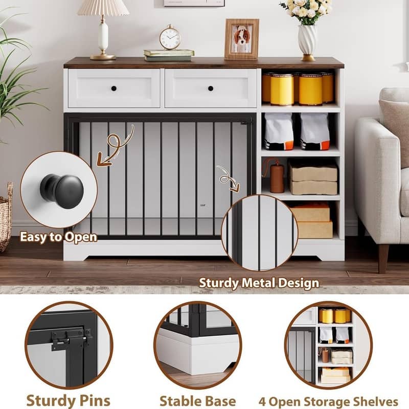 Wooden Dog Cage Furniture Indoor Crate Kennel TV Stand with Drawers Shelves