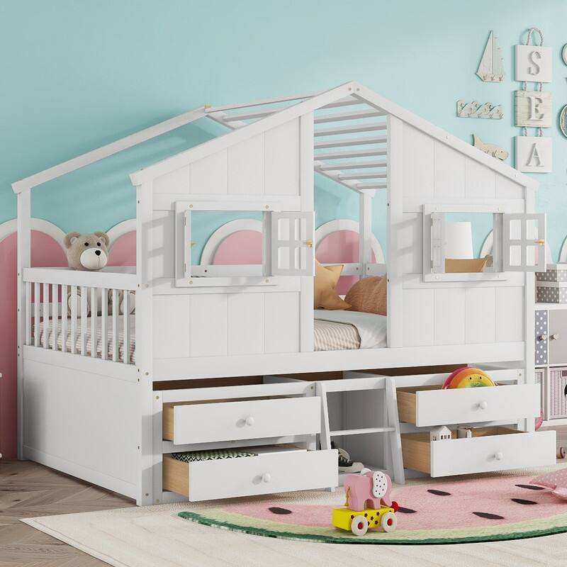 Full Size House Loft Bed with Roof, Windows,4 Storage Drawers with Guardrails - White