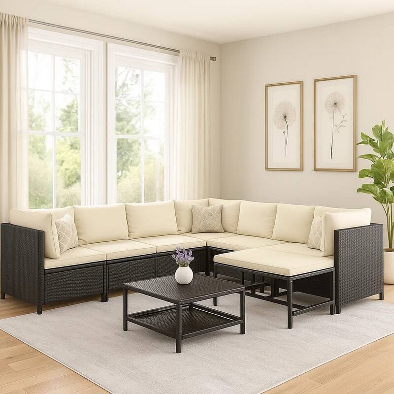 Reno 9pc Outdoor Modular Sofa Set, Ivory Fabric Cushions, Black Rattan