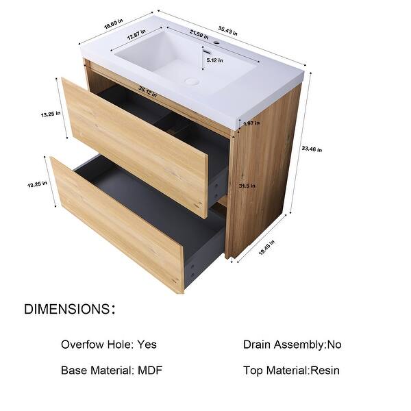 dimension image slide 0 of 3, Floating Bathroom Vanity with Integrated Resin Top