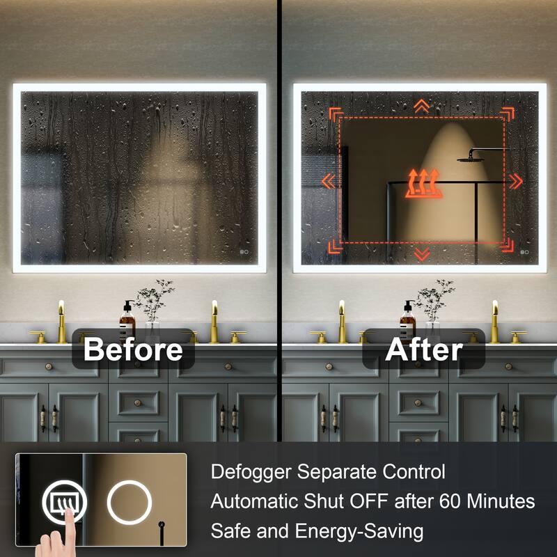 Wall Mounted Bathroom Framed LED Mirror With Dimmable Light Touch Sensor And Memory Function, Anti- Fog