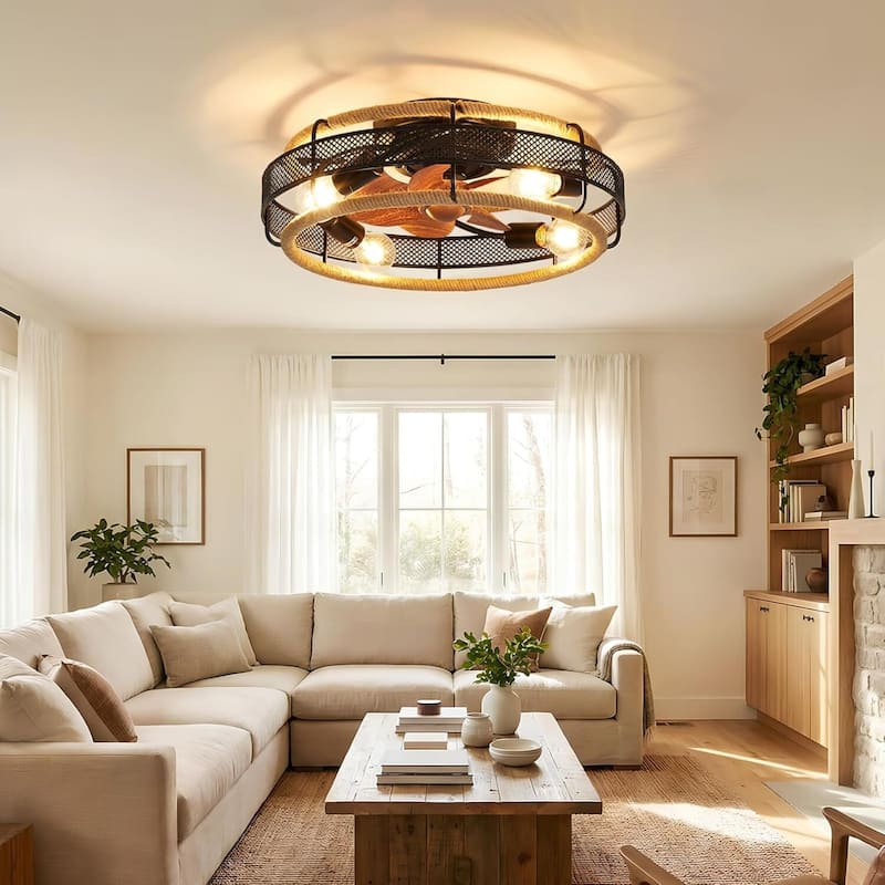 Industrial Style Boho Ceiling Flush Mount Fan Light with Remote Control for Bedroom, Kitchen