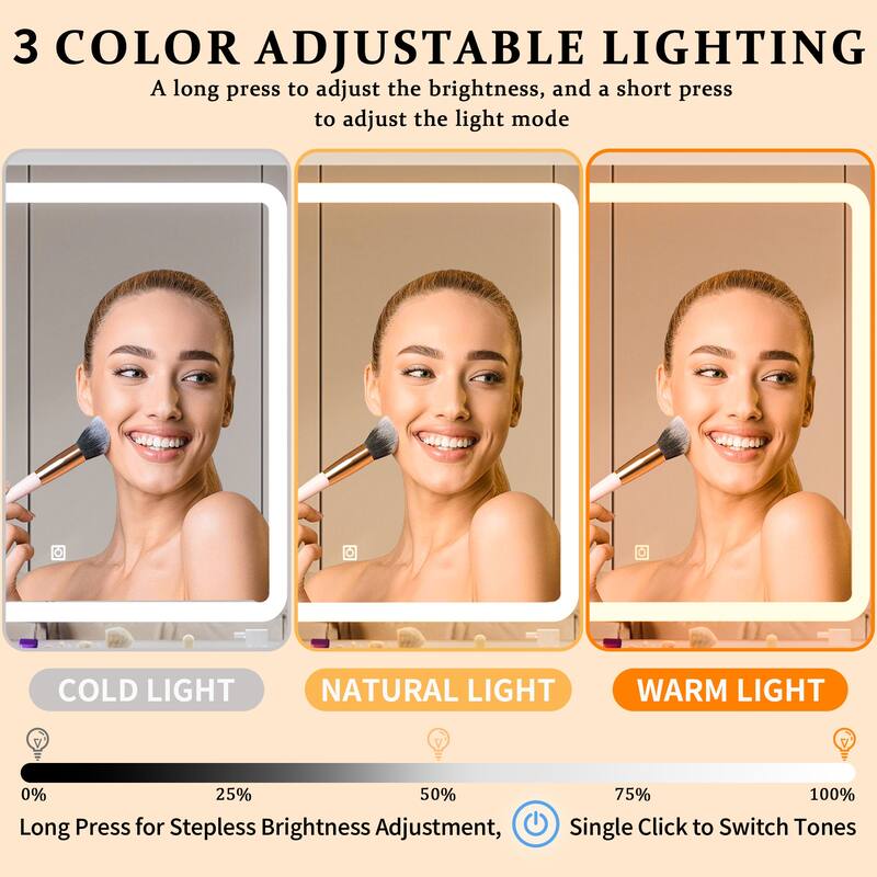 Vanity Desk with Lighten Mirror, 3 Color Mode Brightness Adjustable, ressing Table Set with Cabinet, Drawers, Shelves & Stool