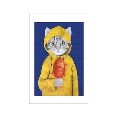 Cat With Fish Fine Art Paper Print by Coco de Paris - Multi