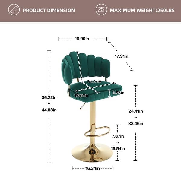 dimension image slide 4 of 6, HOMEFUN Velvet Swivel Adjustable Height Scallop Bar Stools With Footrest(set of 2)